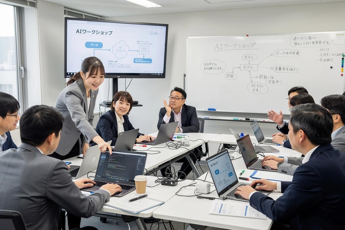 教室でAIの使い方を学ぶ受講者と講師